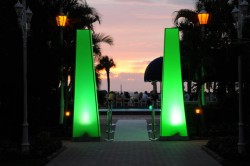 Green Spandex Truss Towers for your next event decor lighting rental in Orlando, Miami, Las Vegas