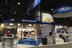 This is our mini boxing ring in a tradeshow booth. It is being used as a trade show traffic builder for one of our clients.