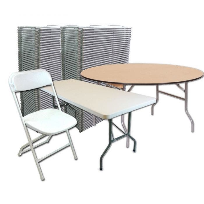 Pictured is a package of table and chair rentals available in Orlando and throughout central florida. Pictured is wood round tables, plastic banquet tables, and folding chairs.