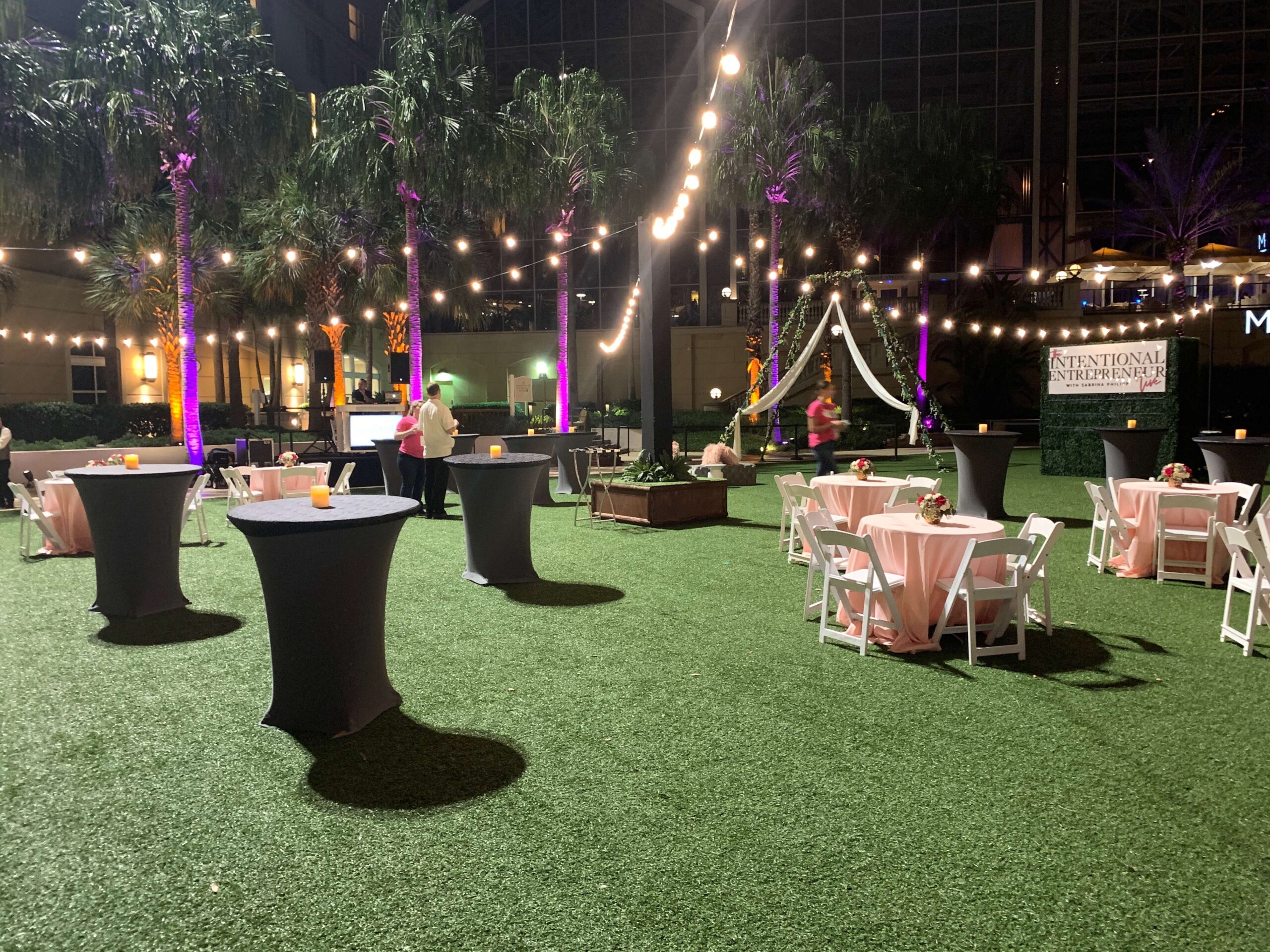 Picture of a corporate event with outdoor marketing lighting in Orlando FL