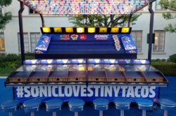 Picture of a custom branded horse race for sonic loves tiny tacos in California.